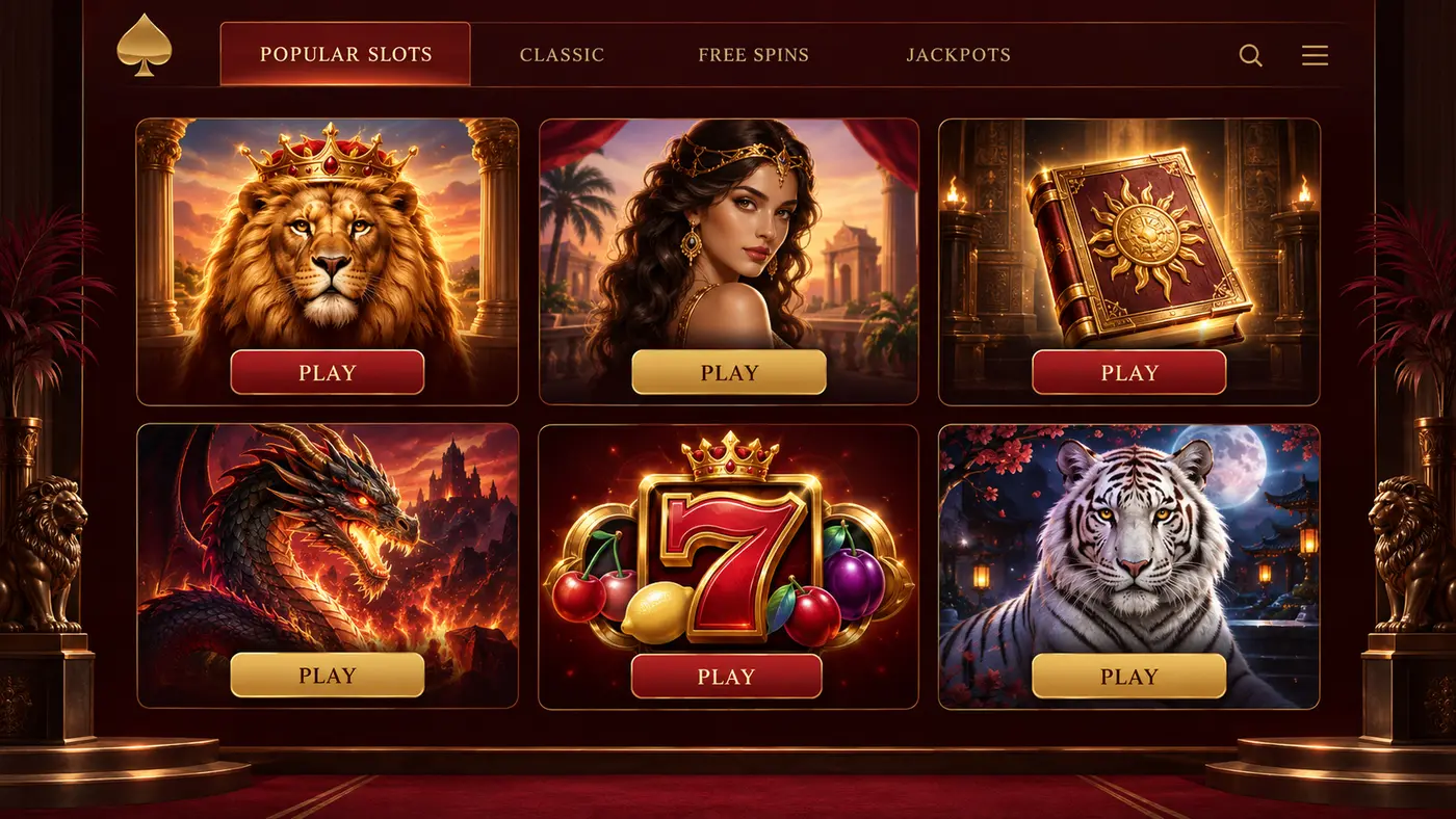 Illustrative desktop slot lobby with Popular Slots, Classic, Free Spins and Jackpots categories