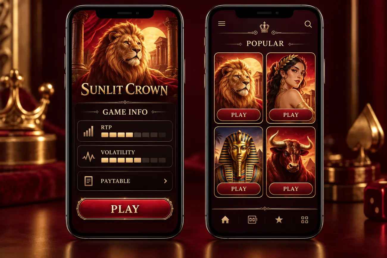 Illustrative mobile screens showing a slot lobby and game information with RTP, volatility and paytable