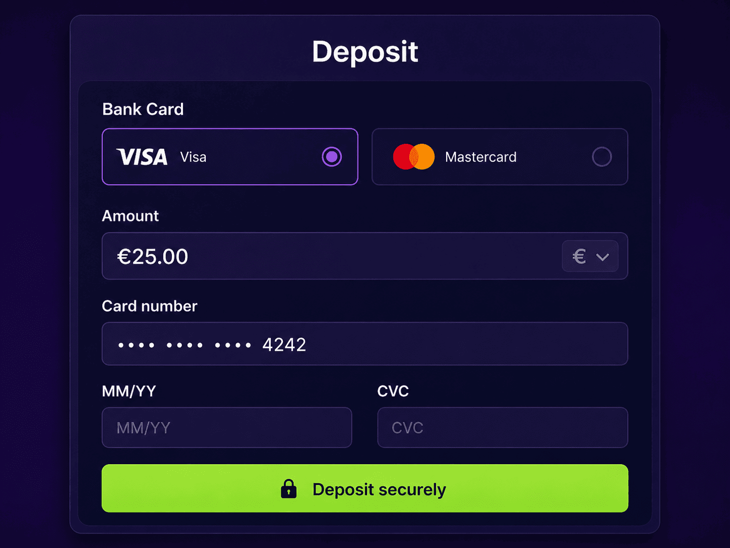 Example of a bank card deposit with Visa or Mastercard