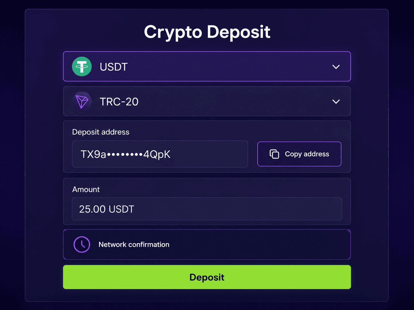 Example of a USDT deposit through the TRC-20 network