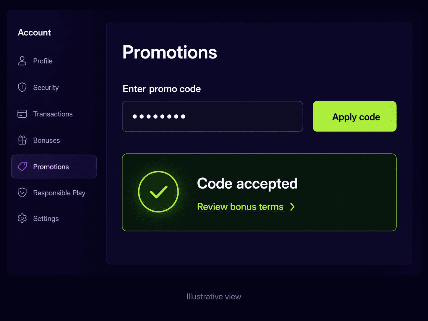 Illustrative account screen showing a Pinco promo code accepted